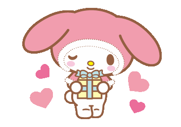 A pastel pink My Melody character holding a wrapped birthday gift